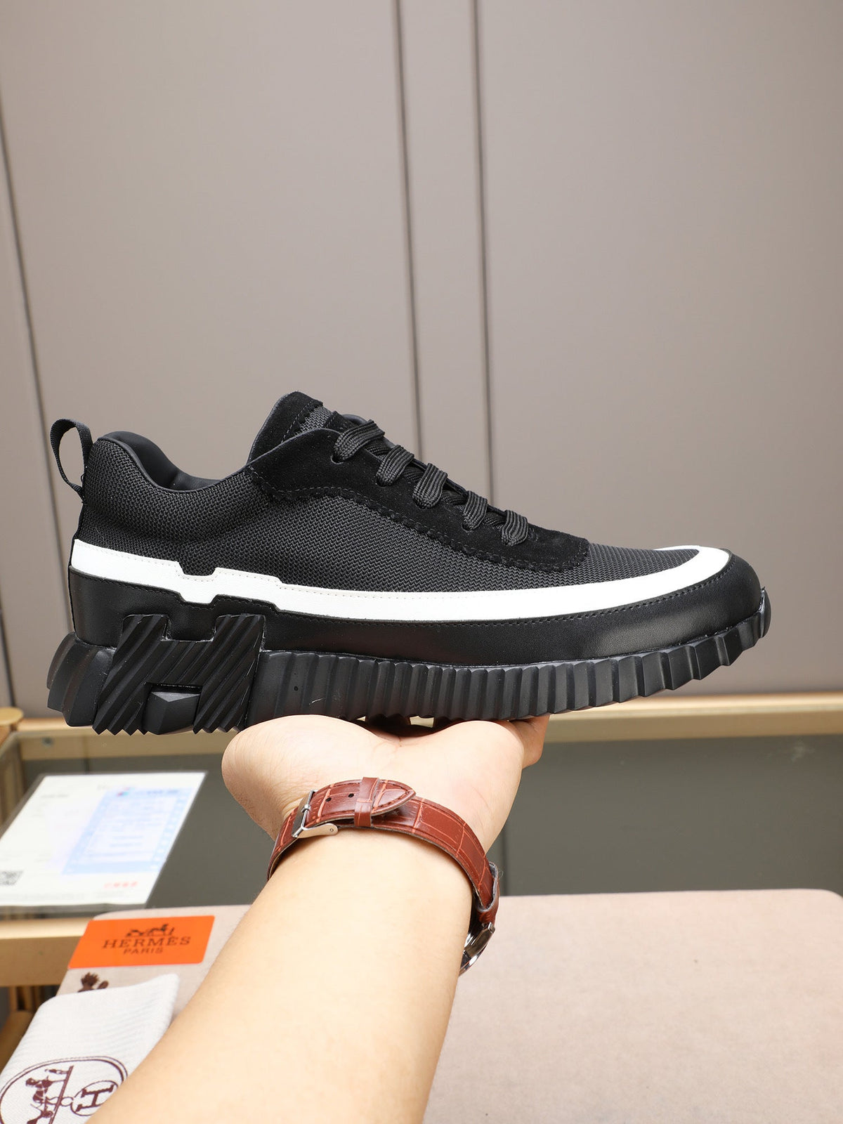 H Striped Leather Sneakers