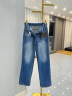 Straight Leg Denim Jeans With Leather Patch