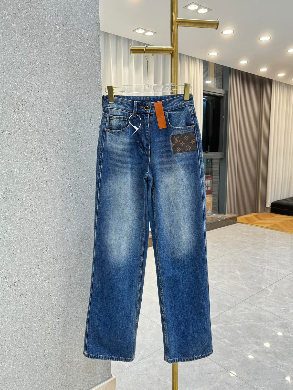 Straight Leg Denim Jeans With Leather Patch